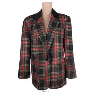 Vintage Women's Plaid Tartan Blazer Jacket Wool Blend Sz L Equestrian Old Money